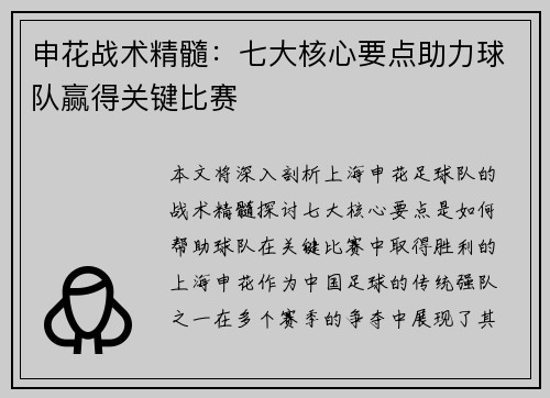 申花战术精髓：七大核心要点助力球队赢得关键比赛