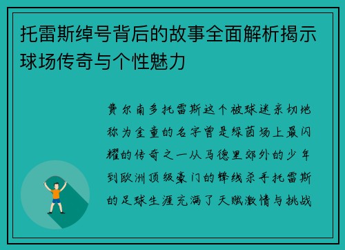 托雷斯绰号背后的故事全面解析揭示球场传奇与个性魅力
